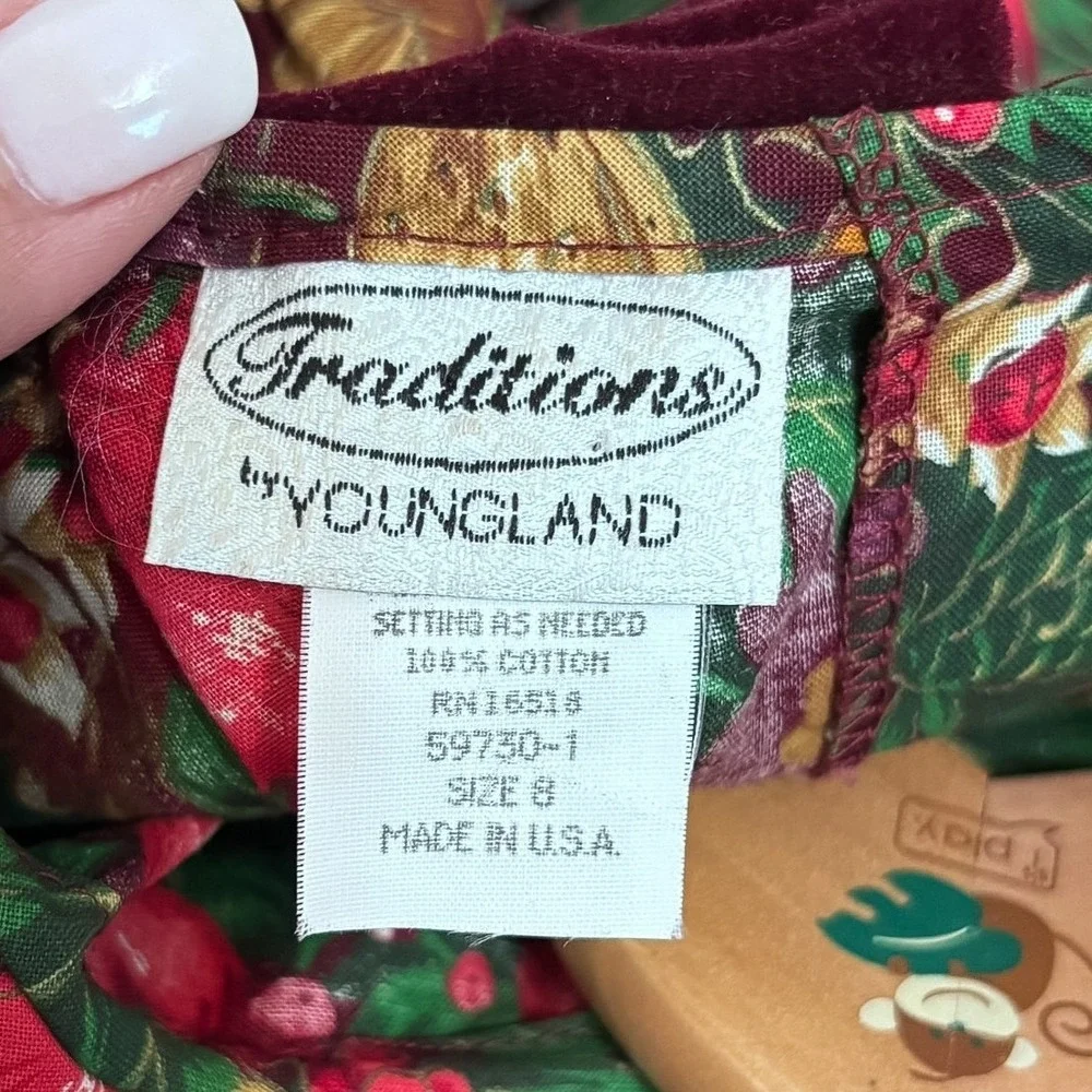 Youngland Traditions‎ Vintage Fruit Print Harvest Dress Girls 8 Burgundy Lace